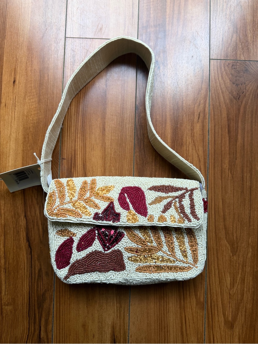 Fall Beaded Cream Shoulder Bag with Burgundy and Gold Accent Leaves